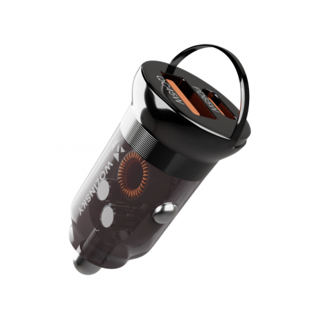 Automobilinis įkroviklis 12-24V USB C + USB 65W greito krovimo (QC 3.0) juodas Wozinsky